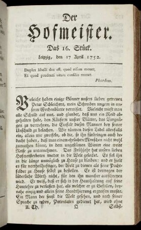Das 16. Stück. Leipzig, den 17 April 1752.