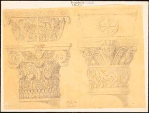 S. Demetrios, Thessaloniki: Durchzeichnung: Ansichten Kapitelle zweier Säulen mit Christusmonogramm und Radkreuzen, nach Charles Texier und Richard P. Pullan, XXIII und XXII