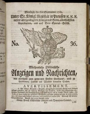No. 36. Montags, den 6ten September 1762.