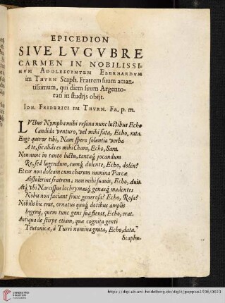 Epicedion sive lvgvbre carmen in nobilissimvm adolescentem eberhardvm [...]
