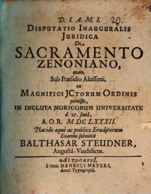 Disputatio Inauguralis Juridica De Sacramento Zenoniano