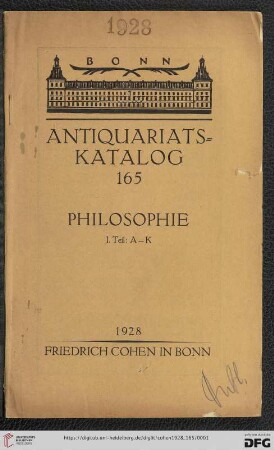 Nr. 165: Antiquariatskatalog / Friedrich Cohen, Buchhandlung und Antiquariat