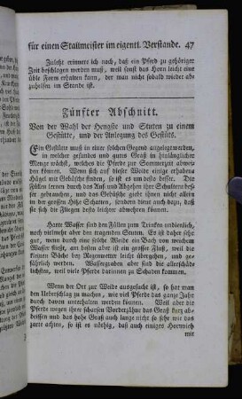 Fünfter Abschnitt. Von der Wahl der Hengste und Stuten zu einem Gestütte, und der Anlegung des Gestüts. - Sechster Abschnitt. Von der Zusammenlassung des Hengsts und der Stute.
