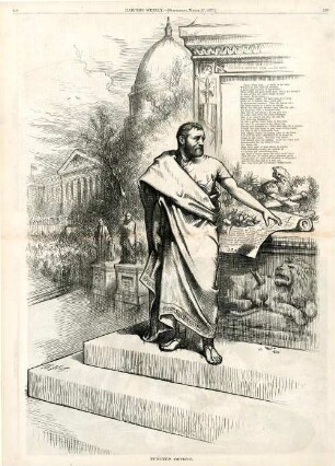 Functus officio : Präsident Grant, in der Kleidung eines römischen Senators, legt sein Amt symbolisch auf einem Altar nieder. [In der Zeichnung befindet sich ein Textblock]