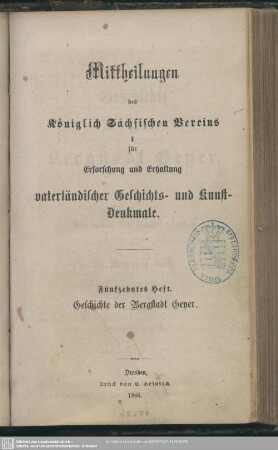 15.1865: Mittheilungen des Königlich Sächsischen Vereins für Erforschung und Erhaltung Vaterländischer Geschichts- und Kunstdenkmale