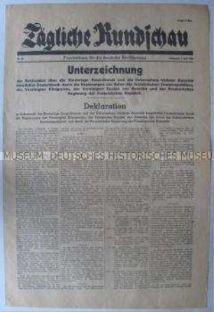 Sowjetische Tageszeitung für die deutsche Bevölkerung "Tägliche Rundschau" u.a. zur Unterzeichnung der Deklaration über die Niederlage Deutschlands
