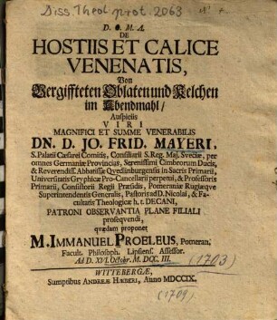 De Hostiis Et Calice Venenatis : = Von Vergiffteten Oblaten und Kelchen im Abendmahl