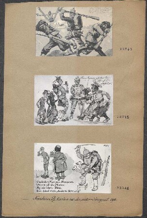 Münchner Postkarten aus der ersten Kriegszeit 1914: Jeder Schuss an Russ ! Jeder Stoß a Franzos ! Jeder tritt a Brit' !, unsign.