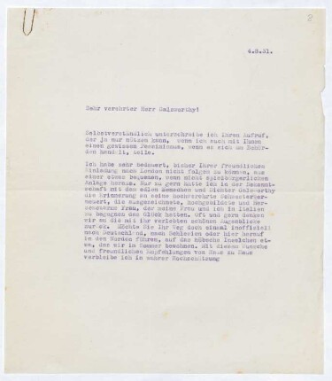 Brief von Gerhart Hauptmann an John Galsworthy