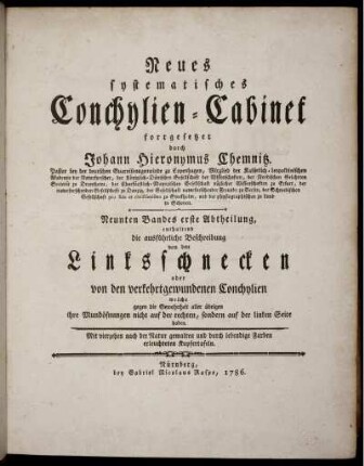 Bd. 9, 1: Ausführliche Beschreibung von den Linksschnecken oder von den verkehrt gewundenen Conchylien welche gegen die Gewohnheit aller übrigen ihre Mundöffnungen nicht auf der rechten sondern auf der linken Seite haben