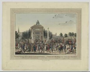Einzug von Kaiser Franz 1. in Wien 1814, Lithographie, ab 1814 : Feierlicher Einzug S.M. des Kaysers von Oestreich Franz 1. : in seine Residenzstadt Wien den 16 July 1814 = Entree de S. M. l'Empereur d'Autriche Francois 1.. - Vienne : Artarie et Comp., ab 1814. - 1 Ansicht : kol. Lithographie ; 41 x 28 cm