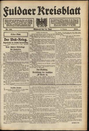 Erste Ausgabe vom Mittwoch, den 16. Juni 1915.