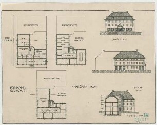 Fischer, Theodor; München; Bayerische Geschützwerke - Rathaus (Grundriss EG, Grundriss 1. OG, Grundriss 2. OG, Ansichten, Schnitt)