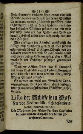 Lista der Schiffe so in Haffen vor Redondillo sich befanden wobey bemercket werden.