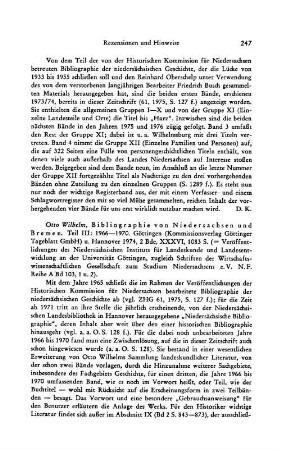 Bibliographie von Niedersachsen und Bremen, Otto Wilhelm (Hrsg.), Teil 3, 1966 - 1970, 2 Bde., (Veröffentlichungen des Niedersächsischen Instituts für Landeskunde und Landesentwicklung an der Universität Göttingen, Reihe A, Forschungen zur Landes- und Volkskunde, Natur, Wirtschaft, Siedlung und Planung, 103, 1 u. 2), (Schriften der Wirtschaftswissenschaftlichen Gesellschaft zum Studium Niedersachsens, N.F., Reihe A, 103, 1 u. 2) : Göttingen u.a., Kommissionsverlag Göttinger Tageblatt, 1974