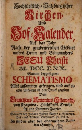 Hochfürstlich-Salzburgischer Kirchen- und Hof-Kalender. 1770