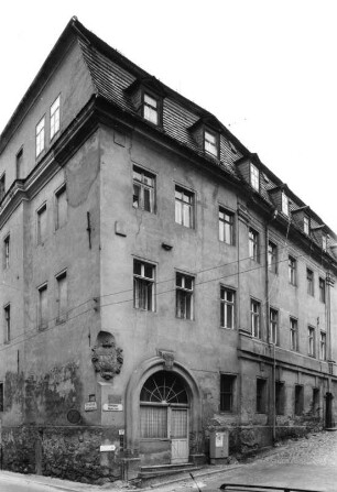 Bautzen, Hohengasse 16. Wohnhaus (ehem. Gasthof "Goldenes Lamm", 1726). Eckansicht