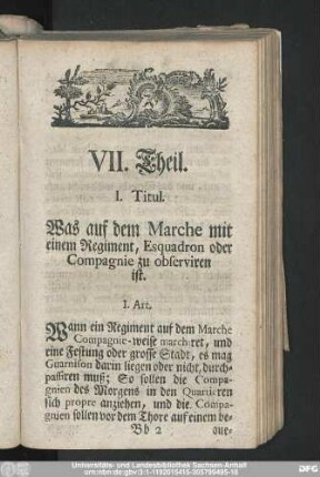 I. Titul. Was auf dem Marche mit einem Regiment, Esquadron oder Compagnie zu observiren ist.