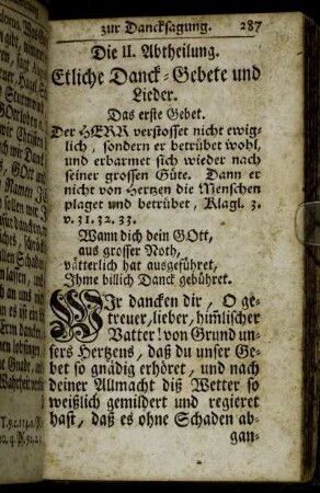 Die II. Abtheilung. Etliche Danck-Gebete und Lieder.