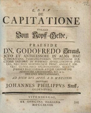 De capitatione, vulgo vom Kopff-Gelde