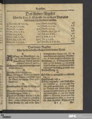 Das Andere Register Uber die Text H. Schrifft / die in diesen Predigten deß dritten Theils erklaeret werden