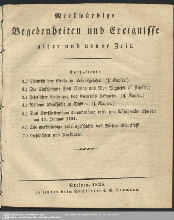 Merkwürdige Begebenheiten und Ereignisse alter und neuer Zeit, 1835