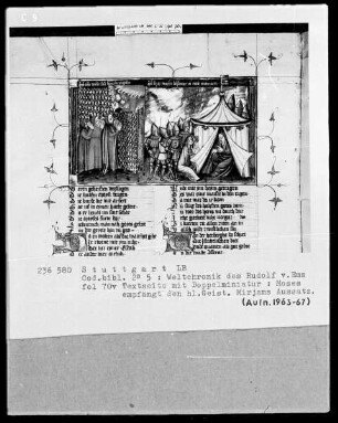 Weltchronik des Rudolf von Ems — Textseite mit Doppelminiatur, Folio 70verso