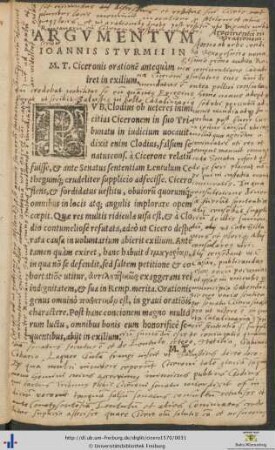 Argumentum Ioannis Sturmii In Marci Tullii Ciceronis orationem antequam iret in exilium