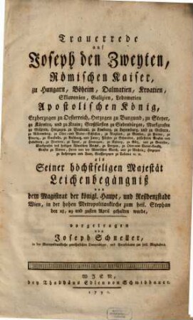 Trauerrede auf Joseph den Zweyten