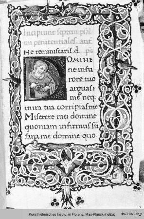 Officium Beatae Mariae Virginis : Buchseite mit Bordüre und historisierter Initiale D(omine)