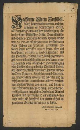 (Nürnberger) Ratserlässe betreffend Verbot der Annahme geringwertiger Münzen (Drucke)