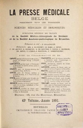 Presse médicale belge. 43. 1891