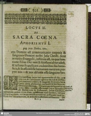 Locus XI. De Sacra Coena