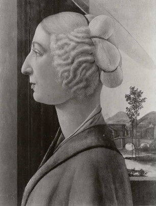 Bildnis einer jungen Frau im Profil, mit den später hinzugefügten Attributen der heiligen Katharina. (Caterina Sforza?)