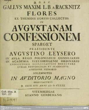 Gallus Maxim. L. B. A Racknitz Flores Ex Themidis Hortis Collectos In Augustanam Confessionem Sparget