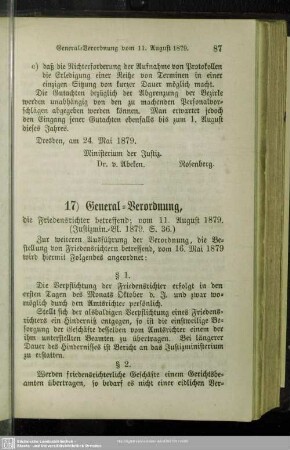 17) General-Verordnung, die Friedensrichter betreffend; vom 11. August 1879
