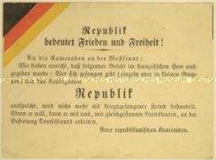 Antipreußischer Handzettel mit den Farben Schwarz-Rot-Gold an Soldaten der Westfront mit Motivation zur Aufgabe und Mitwirkung an einer zukünftigen deutschen Republik