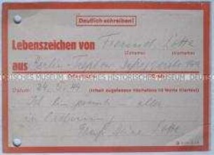 Vordruck-Postkarte zur Benachrichtigung von Angehörigen nach einem Bombenangriff