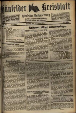 Erste Ausgabe vom Dienstag, den 18. März 1930.