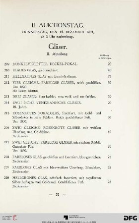 II. Auktionstag: Donnerstag, den 14. Dezember 1933, ab 3 Uhr nachmittags (Nr. 209-429)