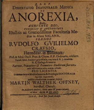 Dissertatio Inavgvralis [Inauguralis] Medica De Anorexia