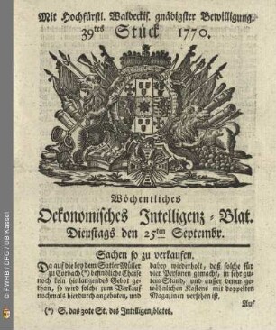 39tes Stueck, Dienstags den 25ten Septembr. 1770