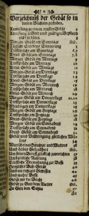 Verzeichnüß der Gebät so in diesem Büchlein zu finden.