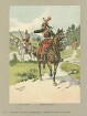 Leutnant des 11. Dragoner-Regiments aus Garnison Hagenau und zwei Dragoner 9. Regiment aus Garnison Schlettstadt, jeweils in Uniform und Mütze, zu Pferd in Landschaft