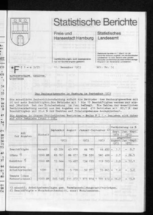 Das Bauhauptgewerbe in Hamburg im September 1973 : Lfd. Nr. 34