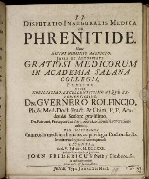 Disputatio Inauguralis Medica De Phrenitide