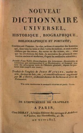 Nouveau dictionnaire universel, historique, biographique, bibliographique et portatif. 2
