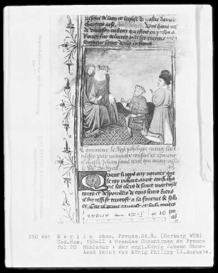Chroniques de France in zwei Bänden — Chroniques de France, Band 2 — Johann Ohne-Land kniet vor König Philipp II., Folio 20recto
