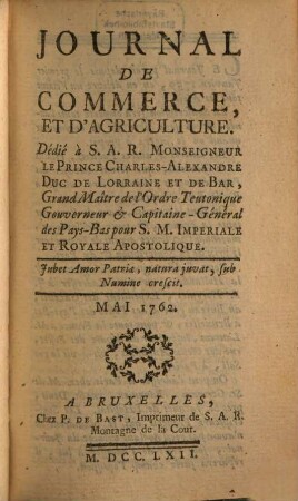 Journal de commerce et d'agriculture. 1762,[3] = T. 21. Mai