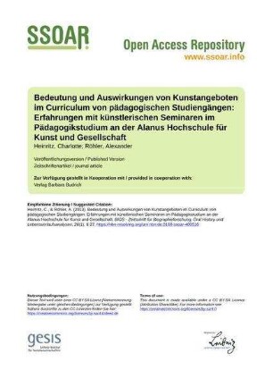 Bedeutung und Auswirkungen von Kunstangeboten im Curriculum von pädagogischen Studiengängen: Erfahrungen mit künstlerischen Seminaren im Pädagogikstudium an der Alanus Hochschule für Kunst und Gesellschaft